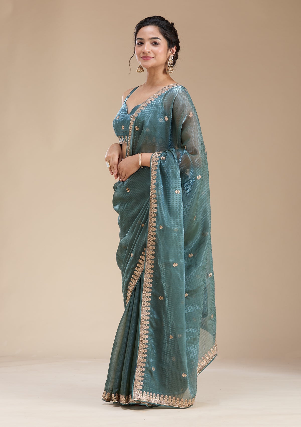 Teal Green Gotapatti Organza Saree-koskii