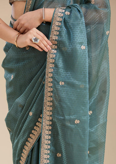 Teal Green Gotapatti Organza Saree-koskii