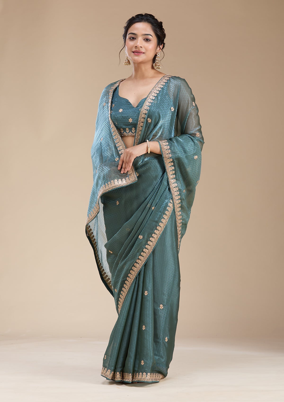 Teal Green Gotapatti Organza Saree-koskii