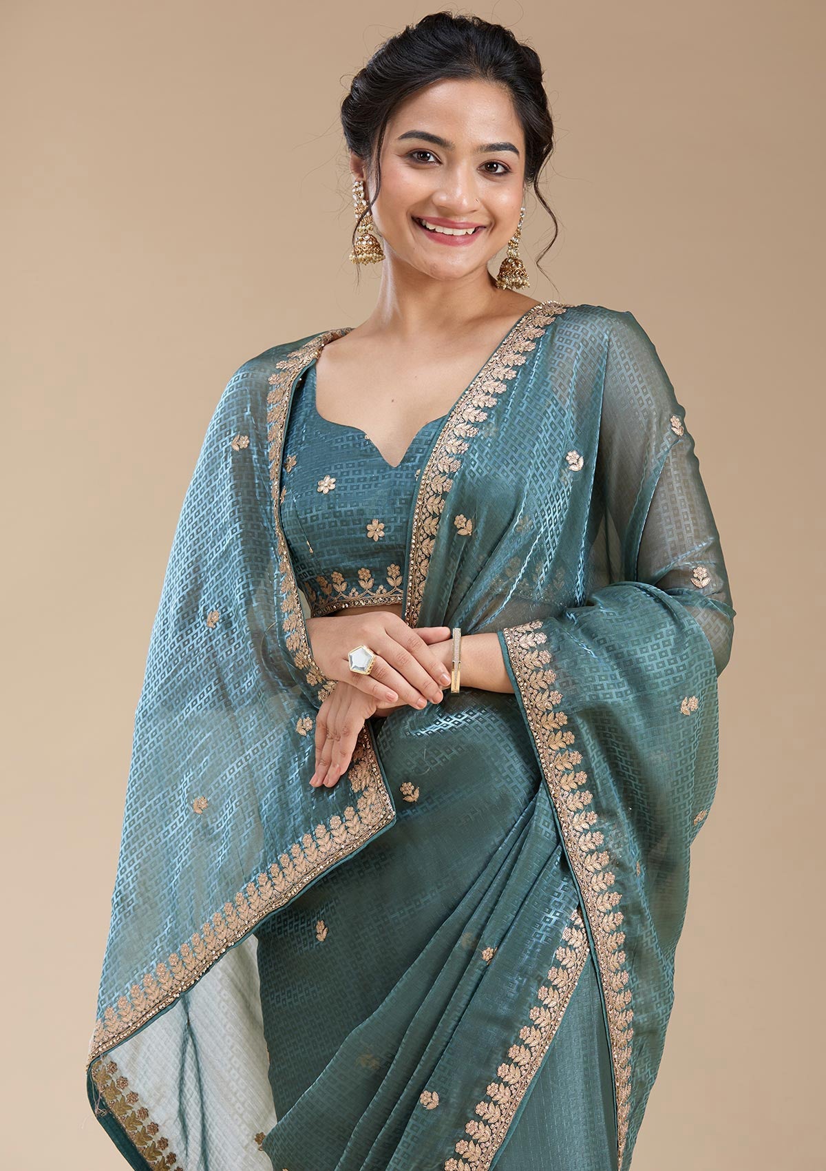 Teal Green Gotapatti Organza Saree-koskii