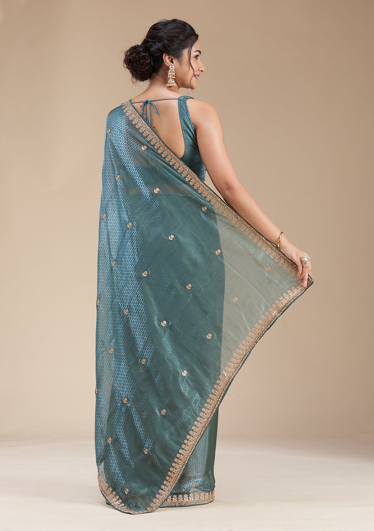 Teal Green Gotapatti Organza Saree-koskii