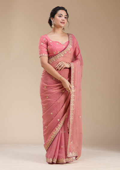 Gajari Pink Gotapatti Chiffon Saree-koskii