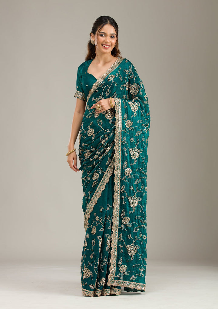 Cream Threadwork Dola Silk Unstitched Salwar Suit-koskii