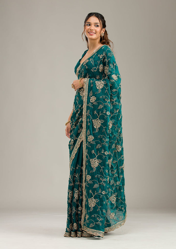 Cream Threadwork Dola Silk Unstitched Salwar Suit-koskii