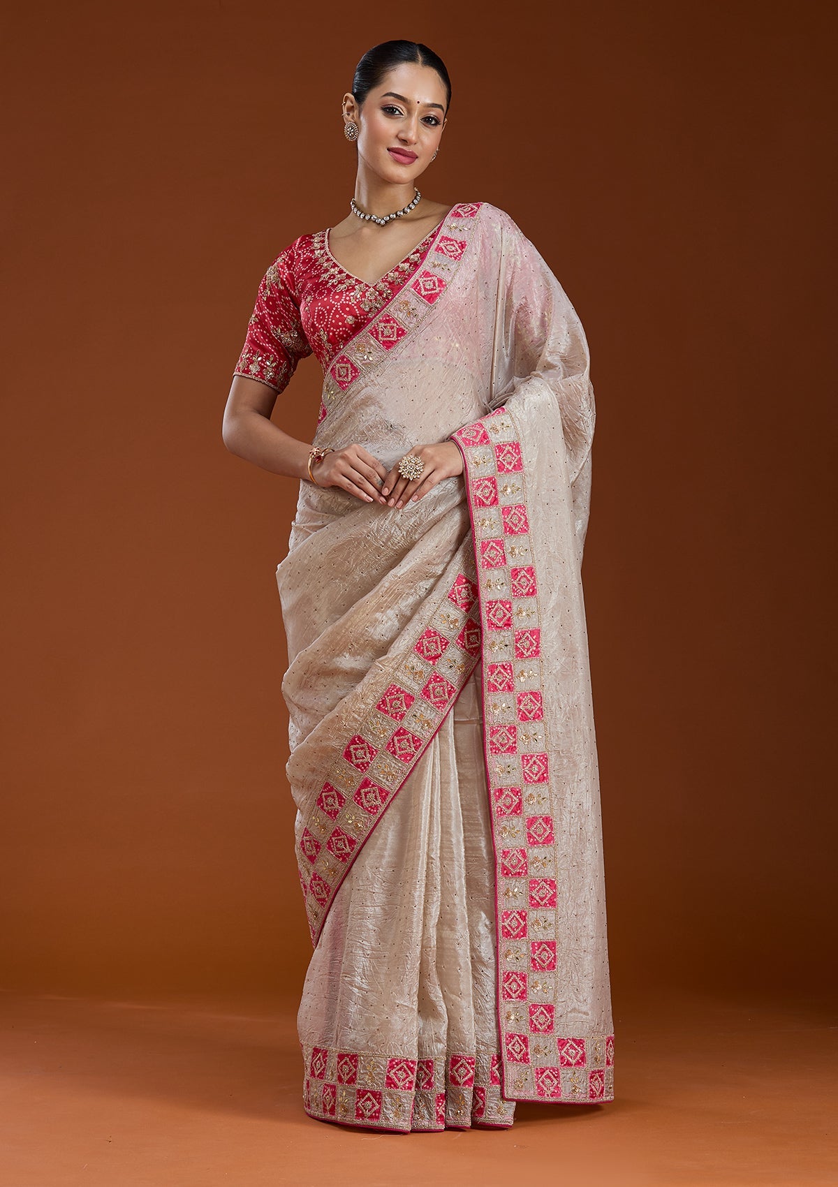Beige Gotapatti Tissue Saree-Koskii