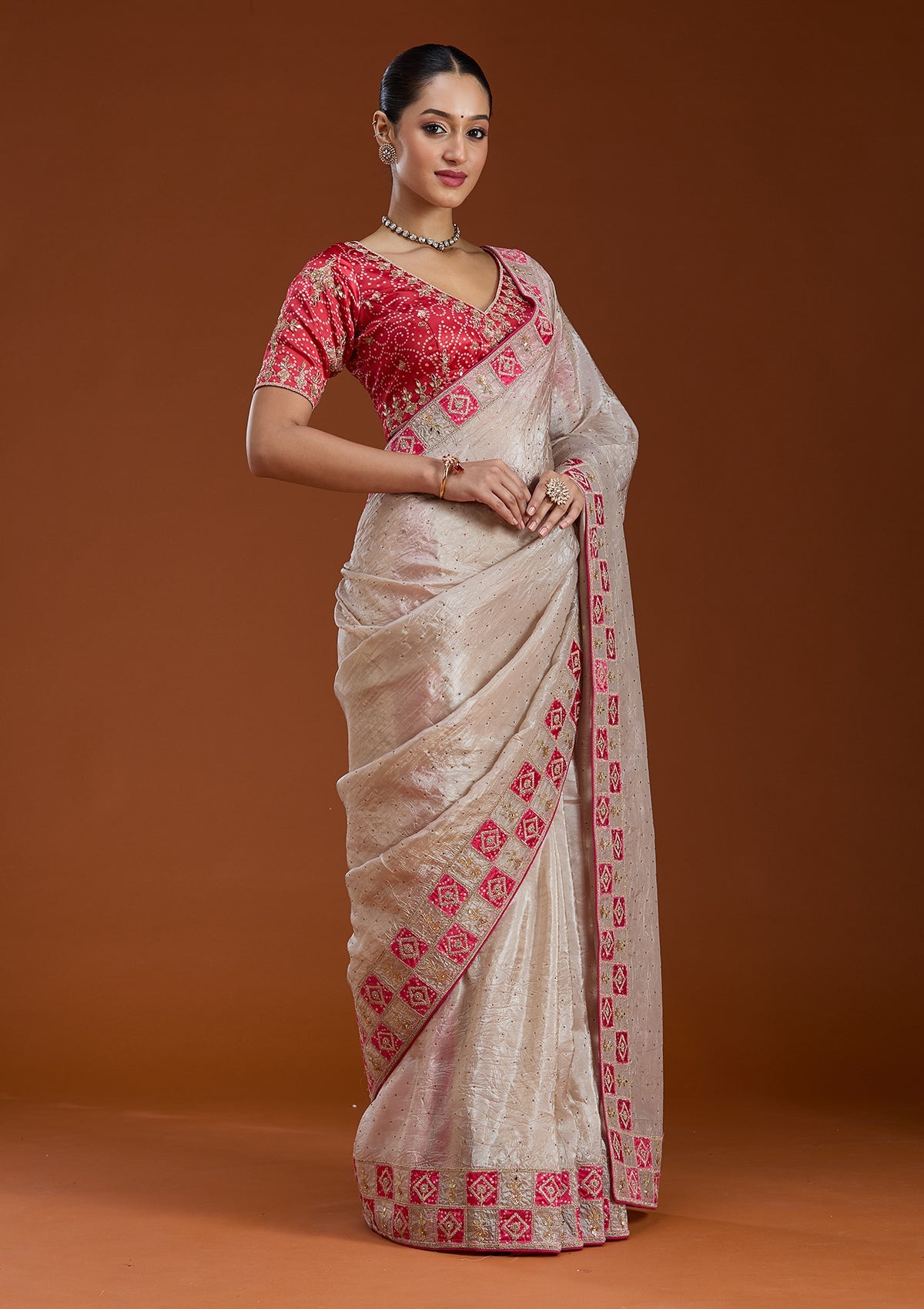 Beige Gotapatti Tissue Saree-Koskii