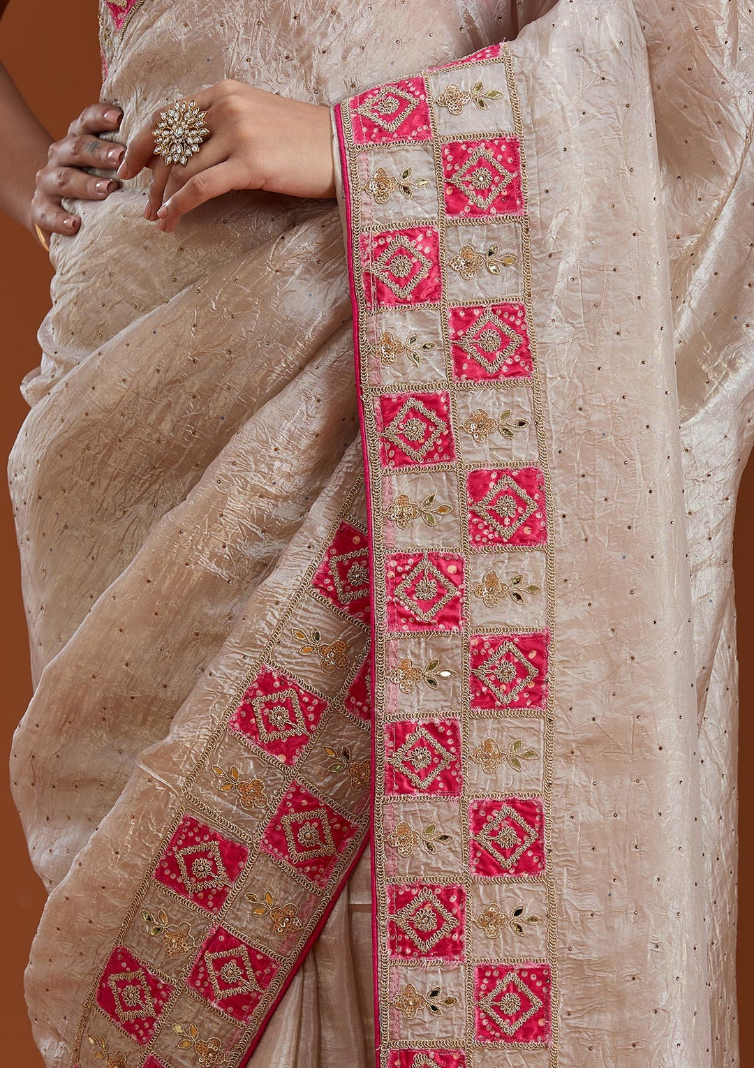Beige Gotapatti Tissue Saree-Koskii