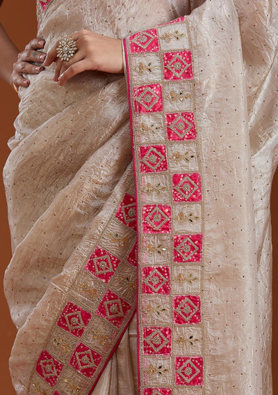 Beige Gotapatti Tissue Saree-Koskii
