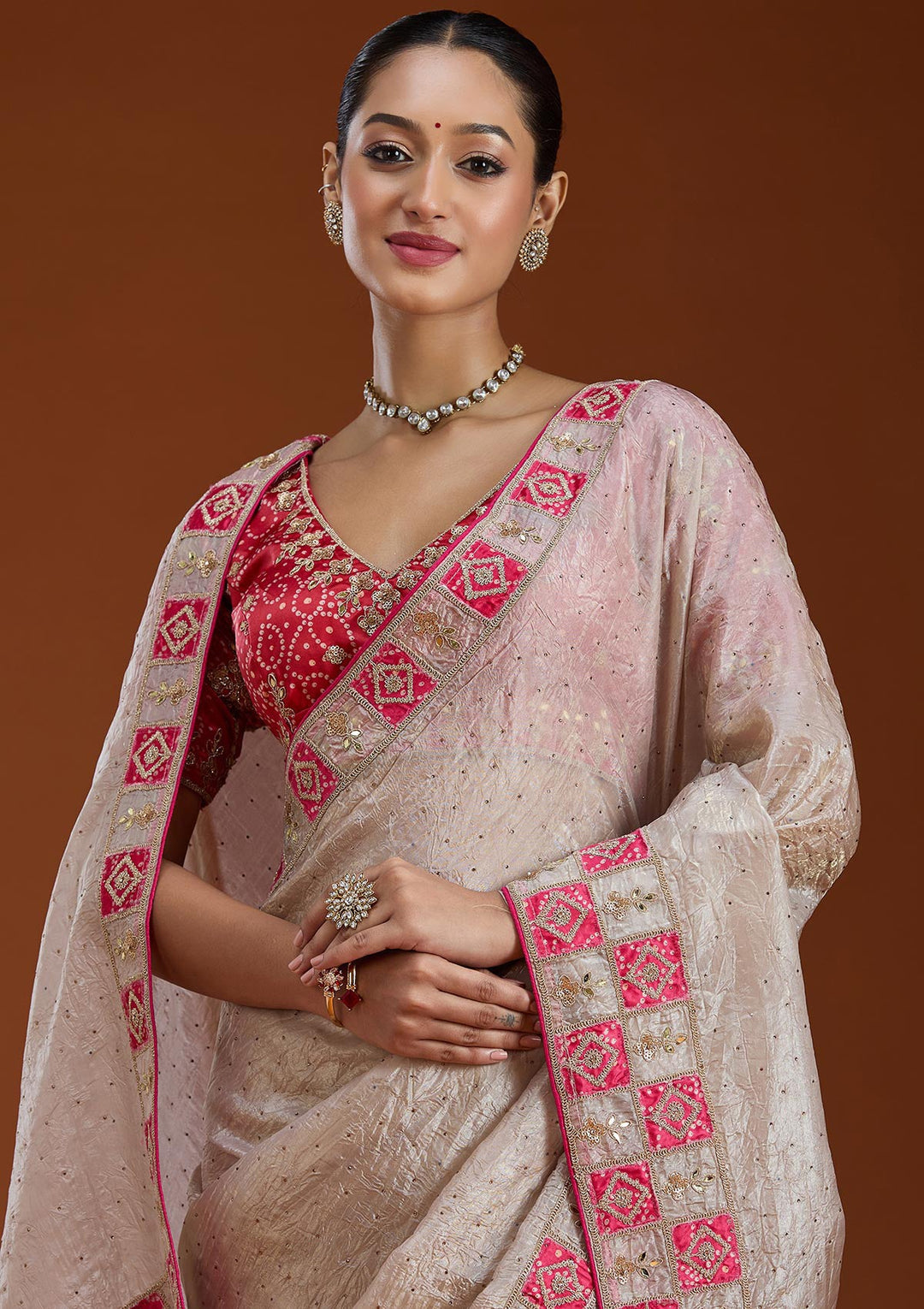 Beige Gotapatti Tissue Saree-Koskii