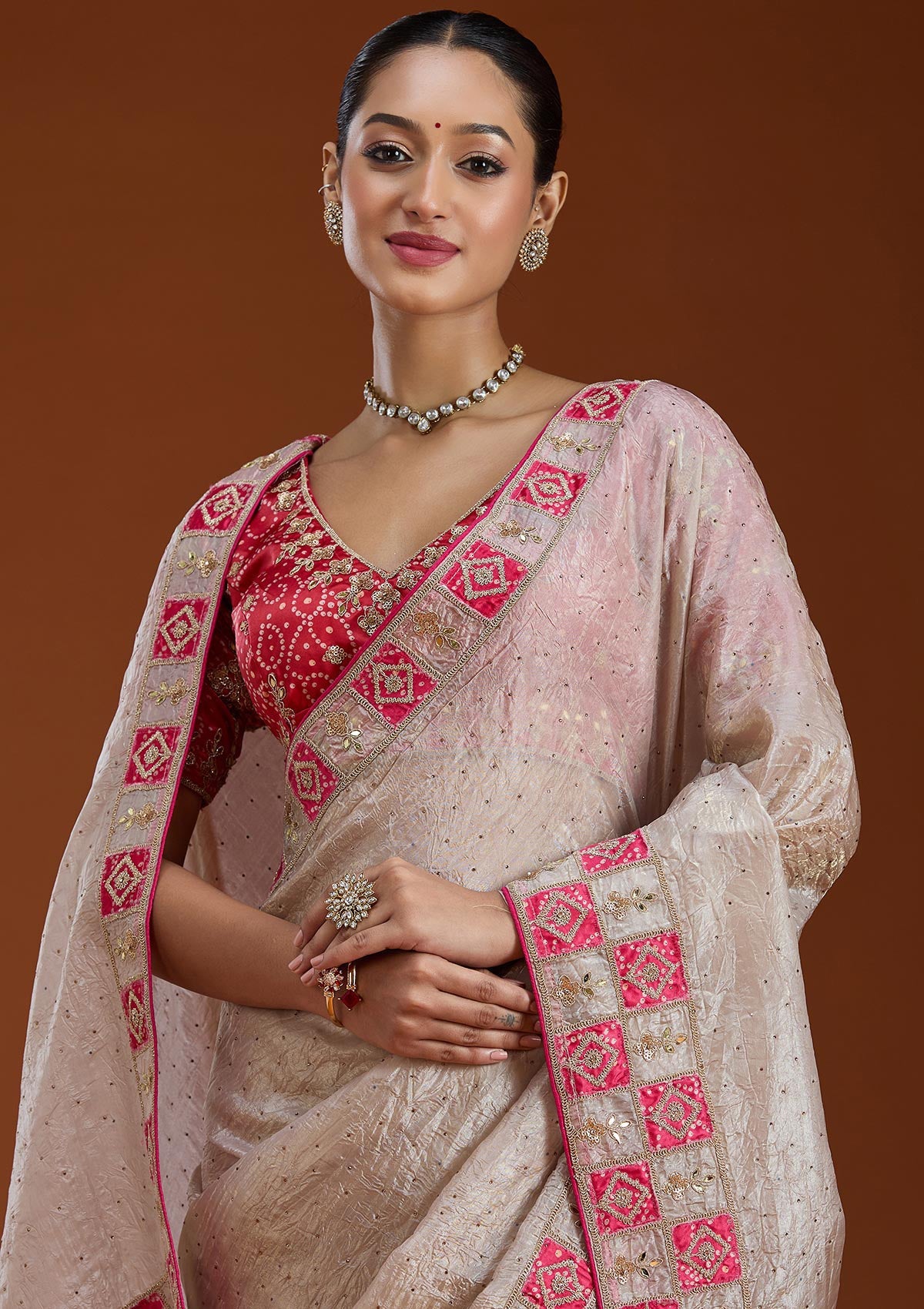 Beige Gotapatti Tissue Saree-Koskii