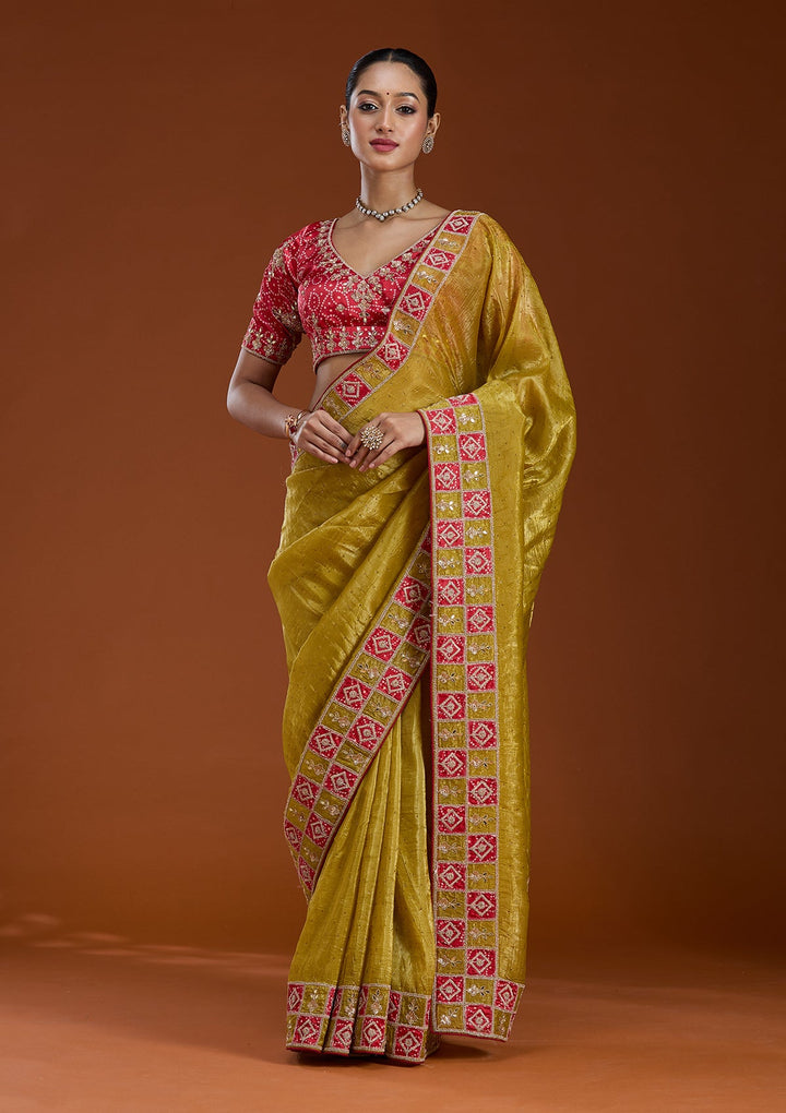 Lemon Yellow Gotapatti Tissue Saree-Koskii