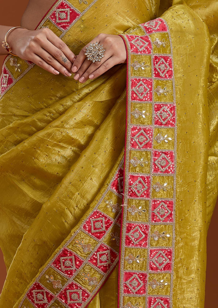 Lemon Yellow Gotapatti Tissue Saree-Koskii