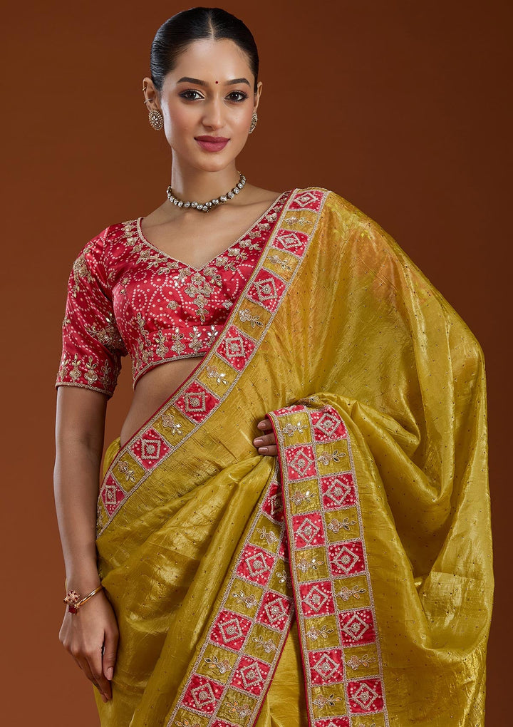 Lemon Yellow Gotapatti Tissue Saree-Koskii
