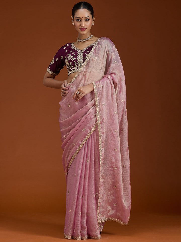 Onion Pink Cording Tissue Saree-Koskii