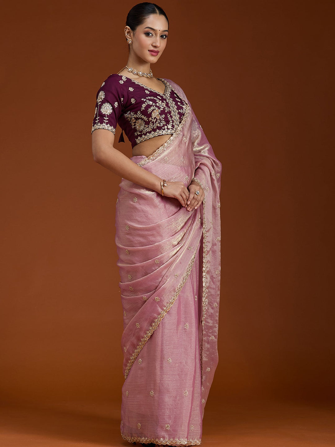 Onion Pink Cording Tissue Saree-Koskii