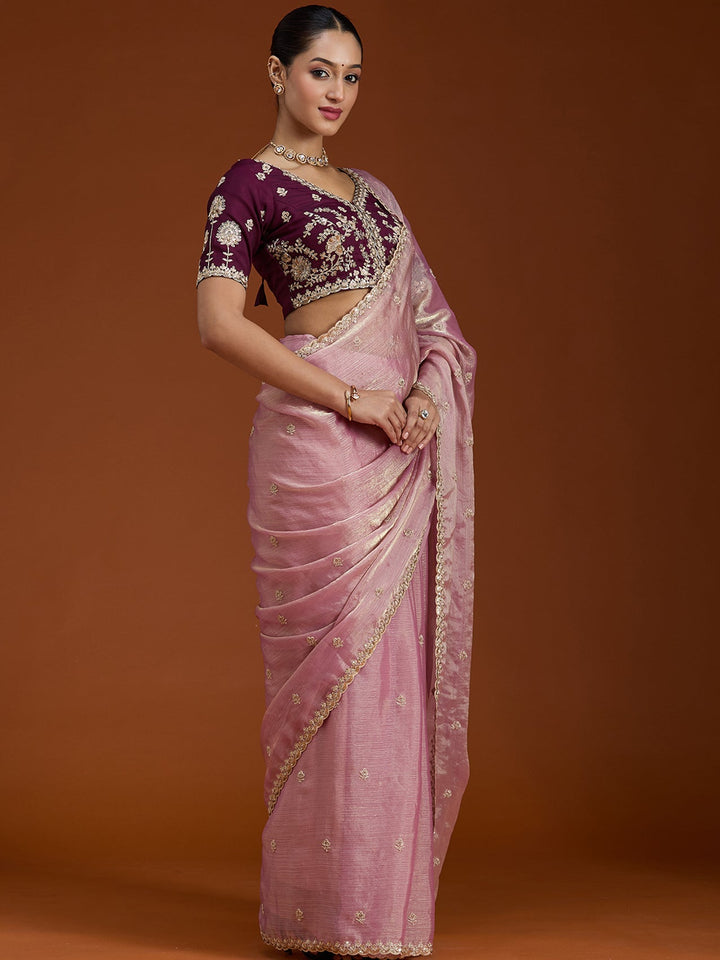 Onion Pink Cording Tissue Saree-Koskii
