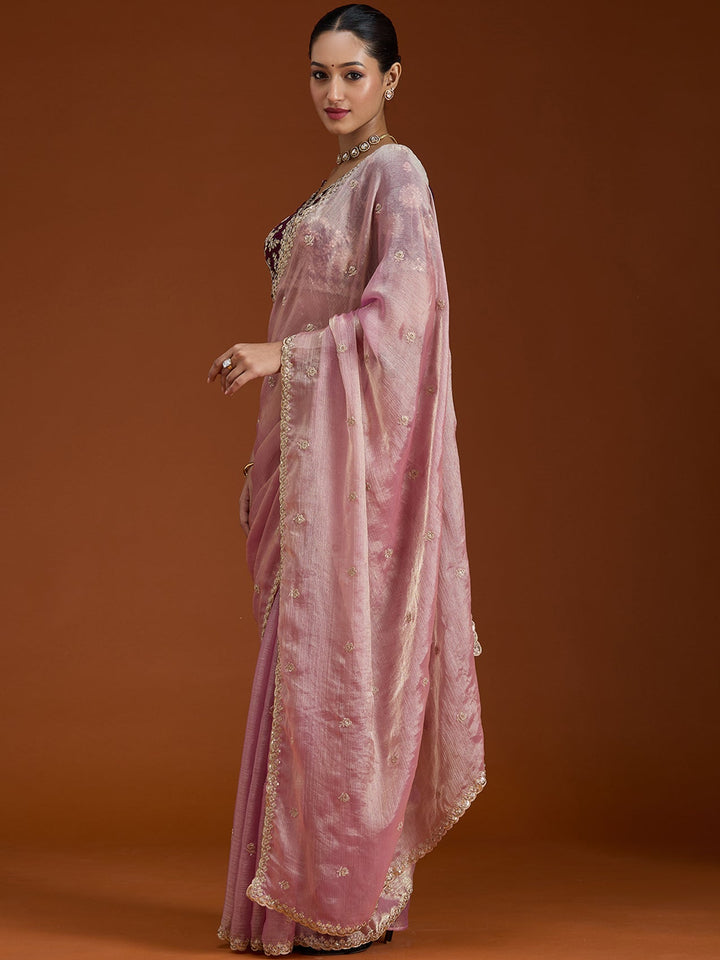 Onion Pink Cording Tissue Saree-Koskii