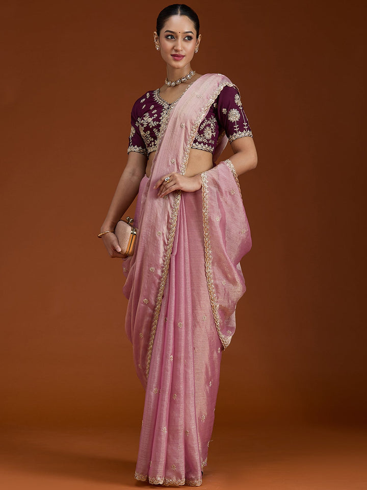 Onion Pink Cording Tissue Saree-Koskii
