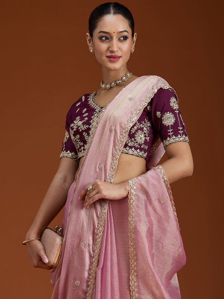 Onion Pink Cording Tissue Saree-Koskii
