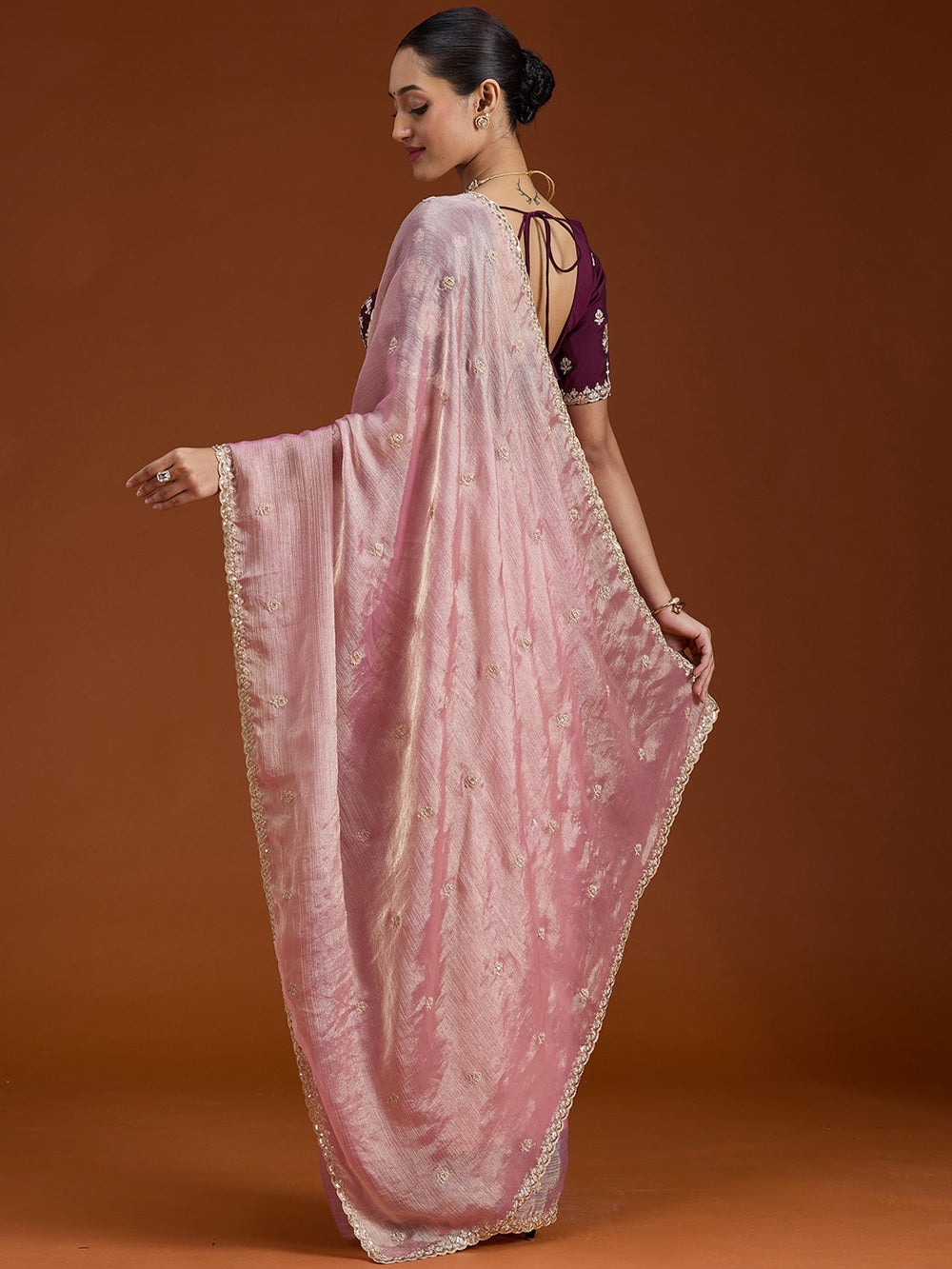 Onion Pink Cording Tissue Saree-Koskii