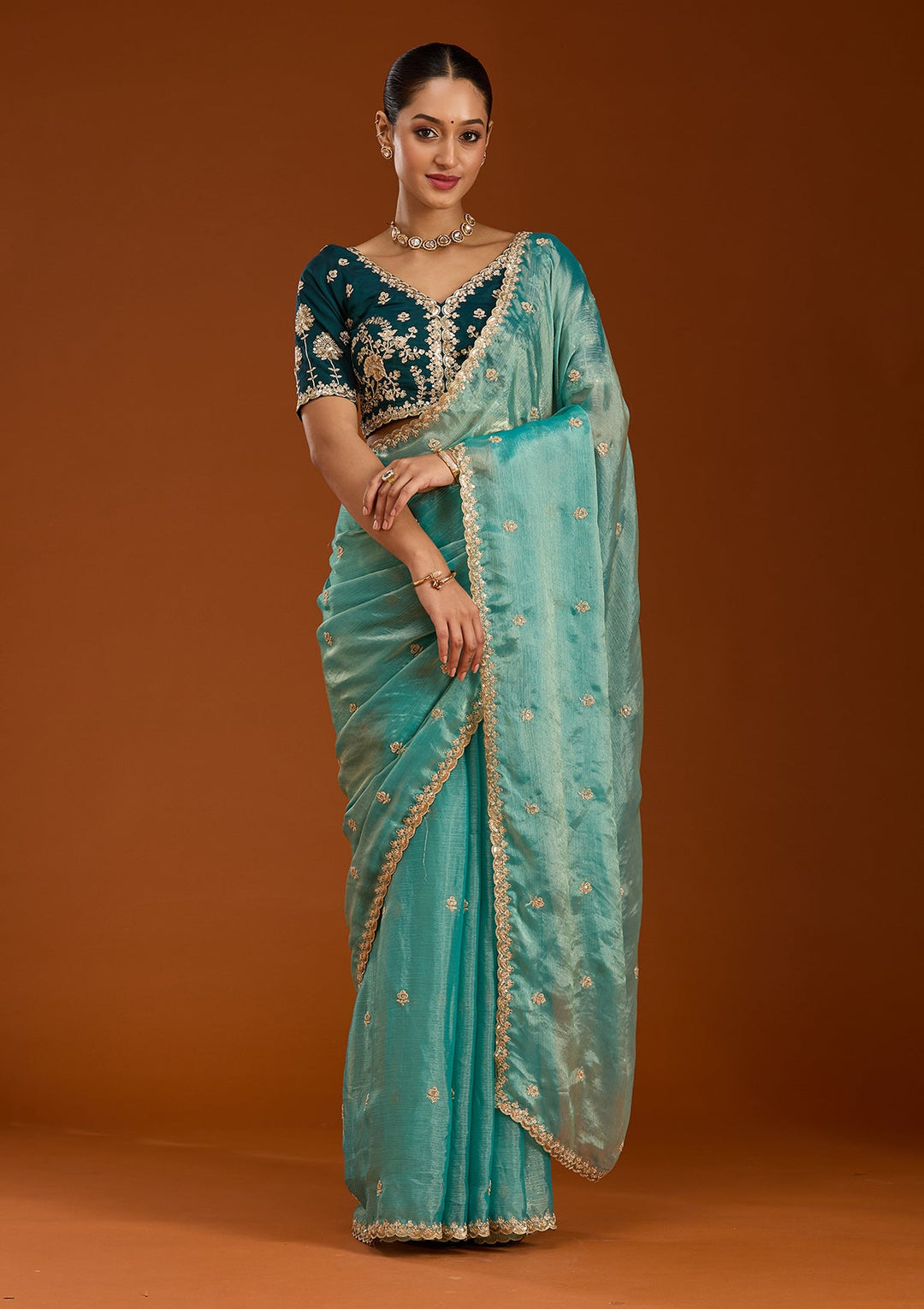 Sea Green Cording Tissue Saree-Koskii