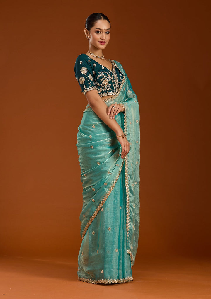 Sea Green Cording Tissue Saree-Koskii