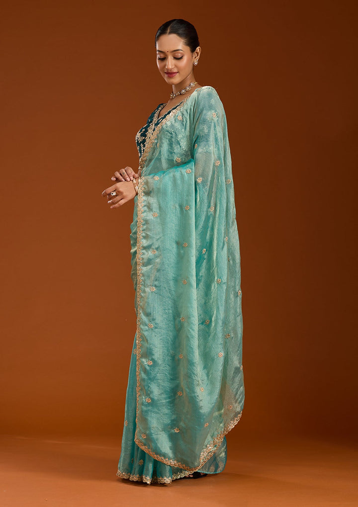 Sea Green Cording Tissue Saree-Koskii