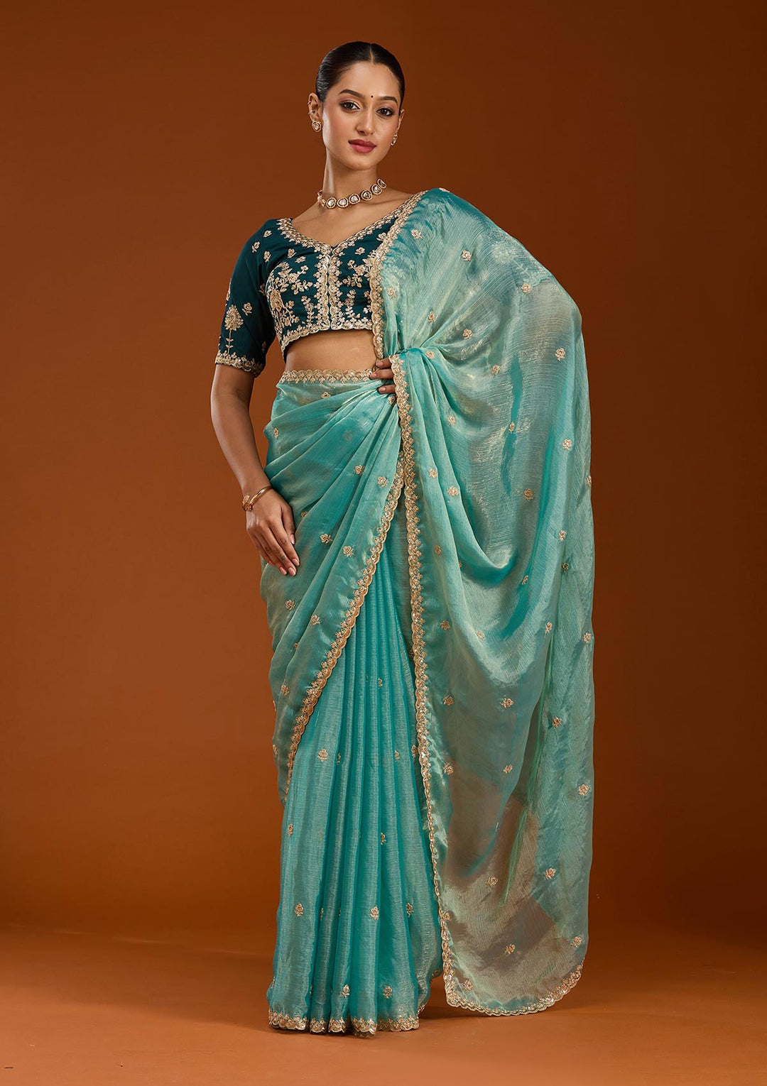 Sea Green Cording Tissue Saree-Koskii