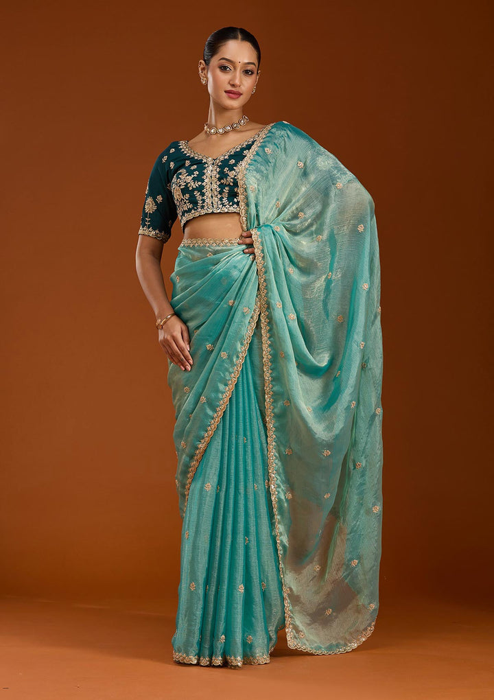 Sea Green Cording Tissue Saree-Koskii
