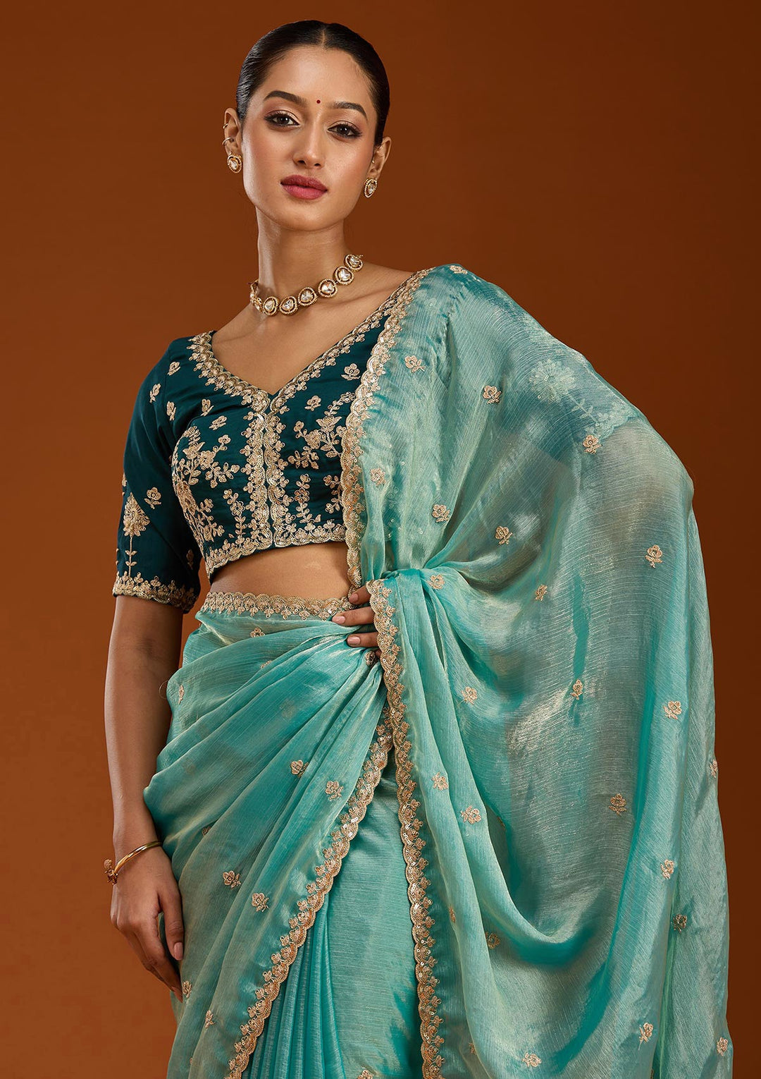 Sea Green Cording Tissue Saree-Koskii