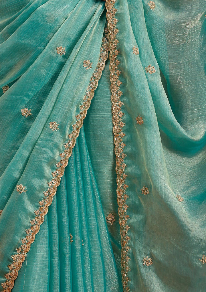 Sea Green Cording Tissue Saree-Koskii