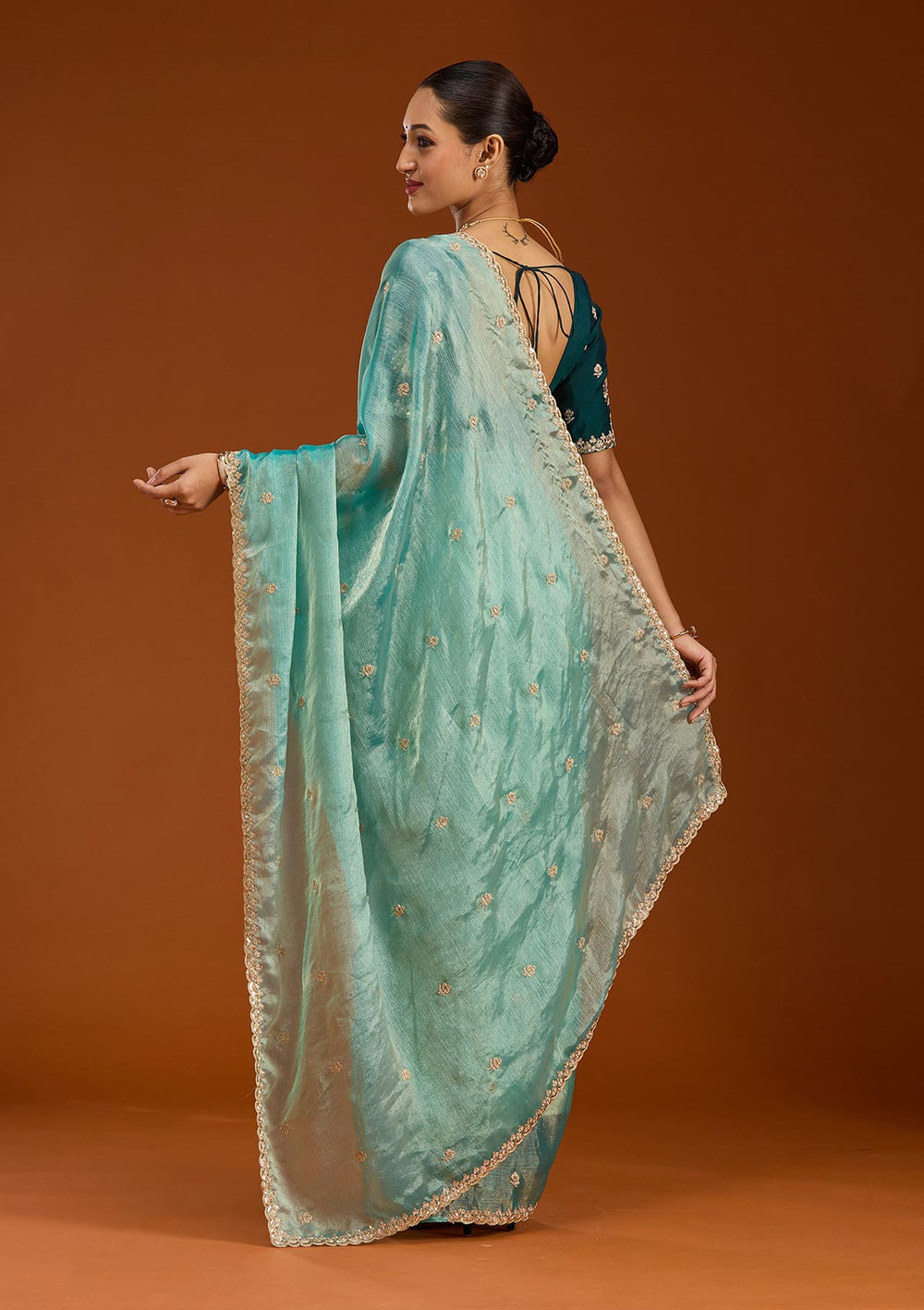 Sea Green Cording Tissue Saree-Koskii