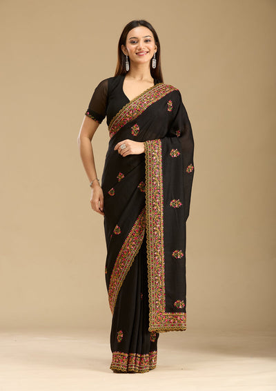 Black Kashmiri Soft Raw Silk Saree-Koskii