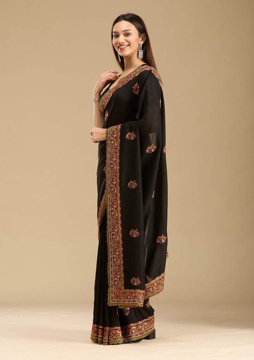 Black Kashmiri Soft Raw Silk Saree-Koskii