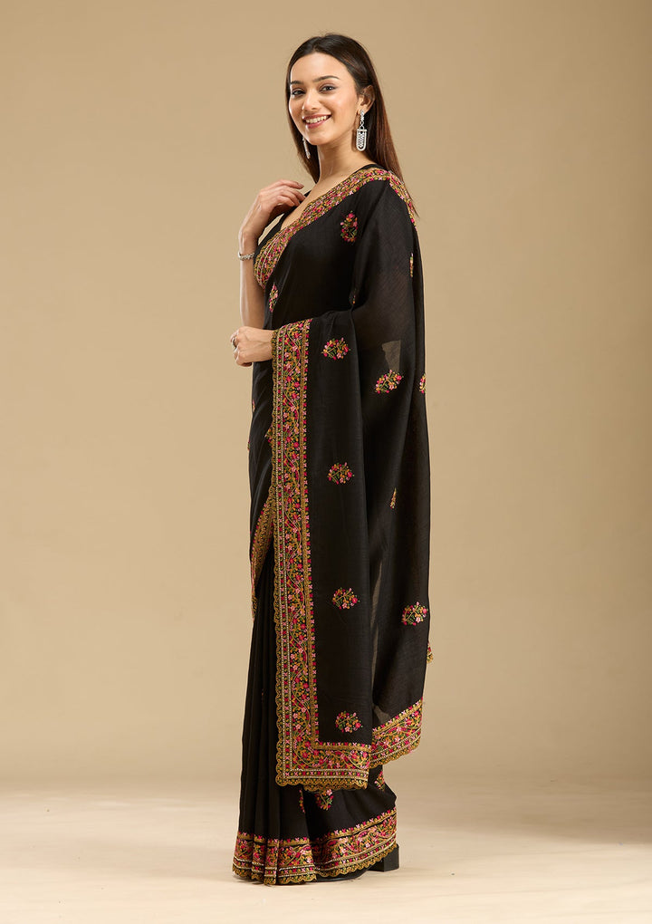 Black Kashmiri Soft Raw Silk Saree-Koskii