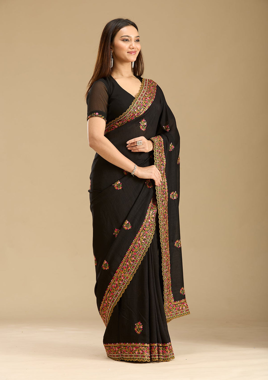Black Kashmiri Soft Raw Silk Saree-Koskii