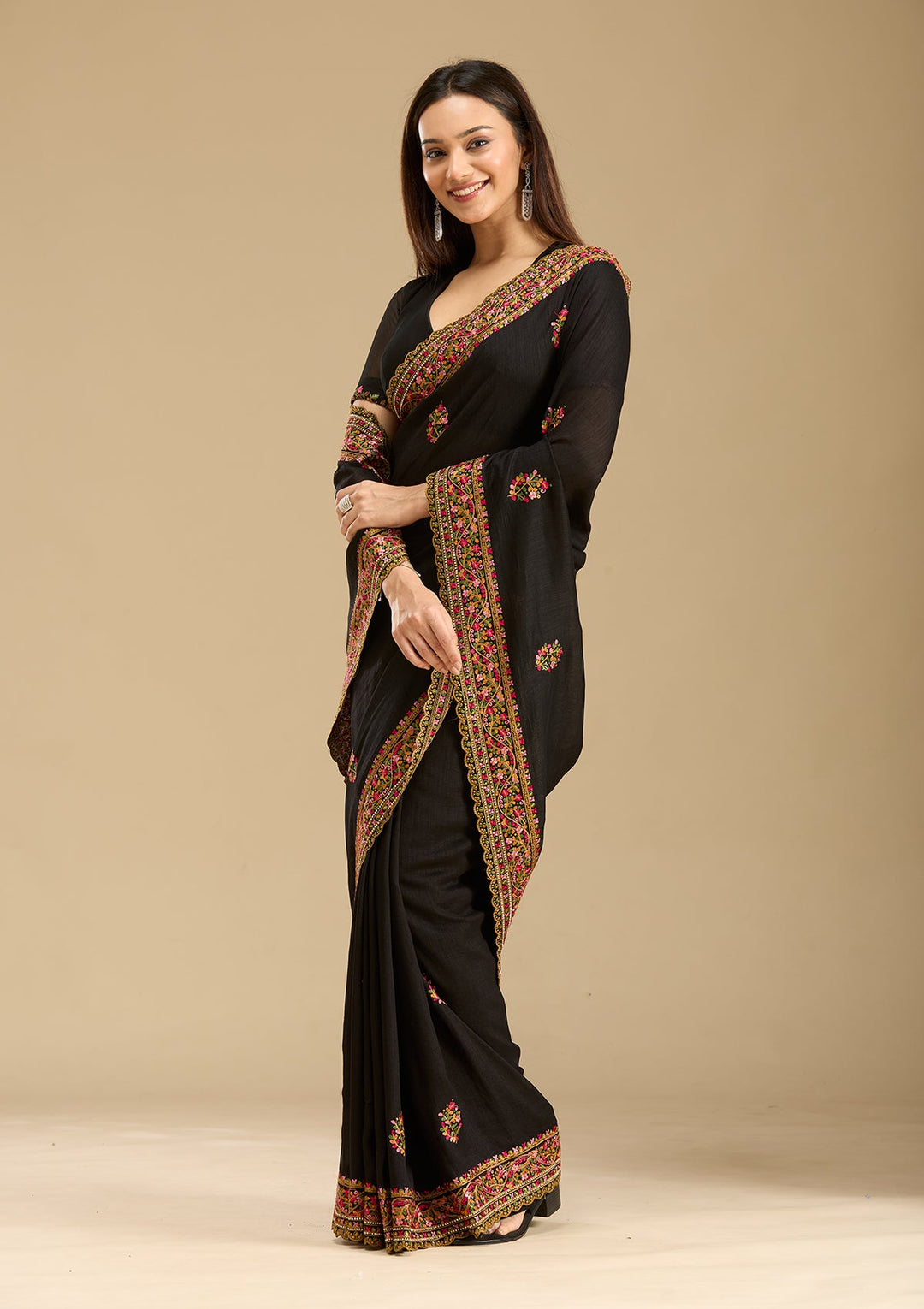 Black Kashmiri Soft Raw Silk Saree-Koskii