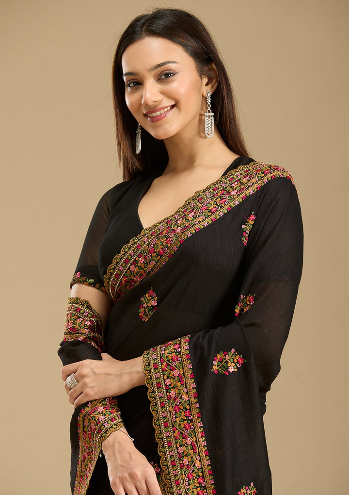 Black Kashmiri Soft Raw Silk Saree-Koskii