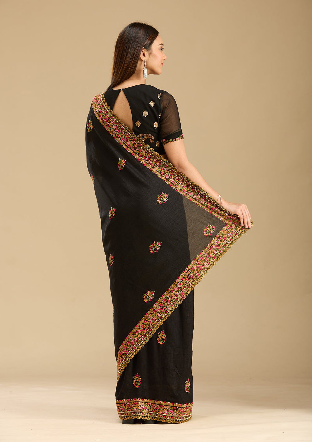 Black Kashmiri Soft Raw Silk Saree-Koskii