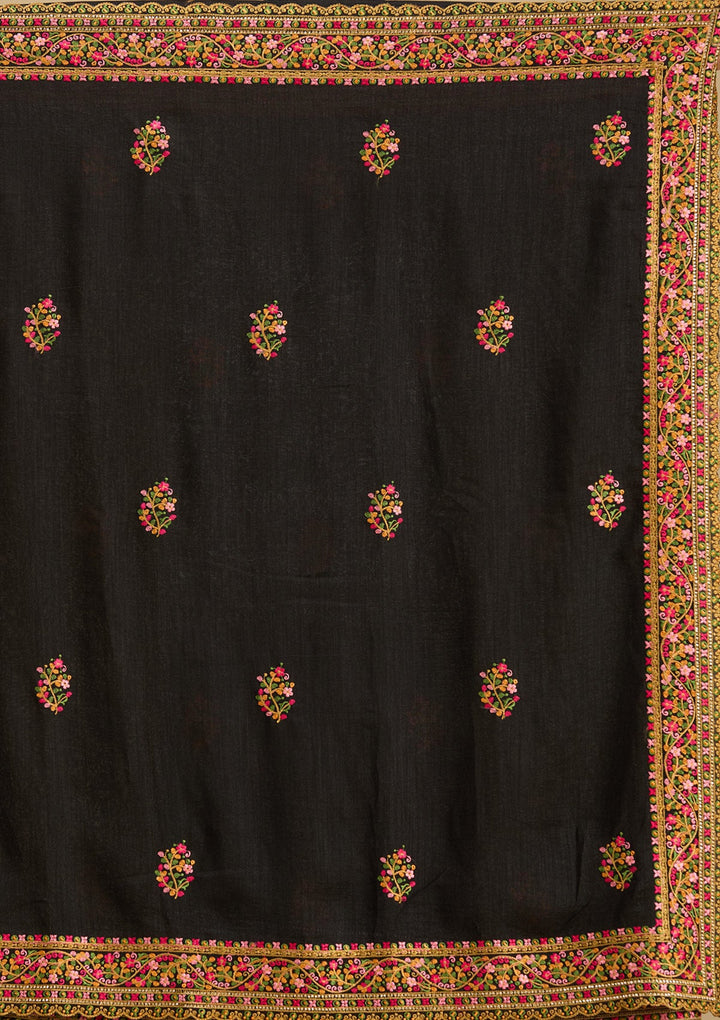 Black Kashmiri Soft Raw Silk Saree-Koskii