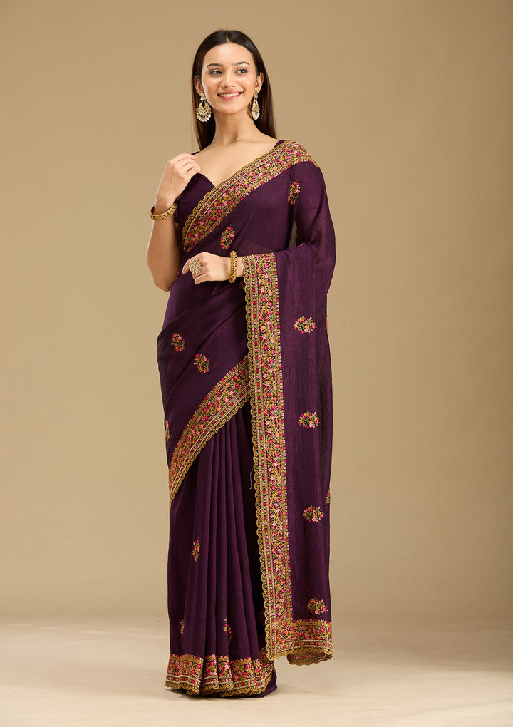 Purple Kashmiri Soft Raw Silk Saree-Koskii