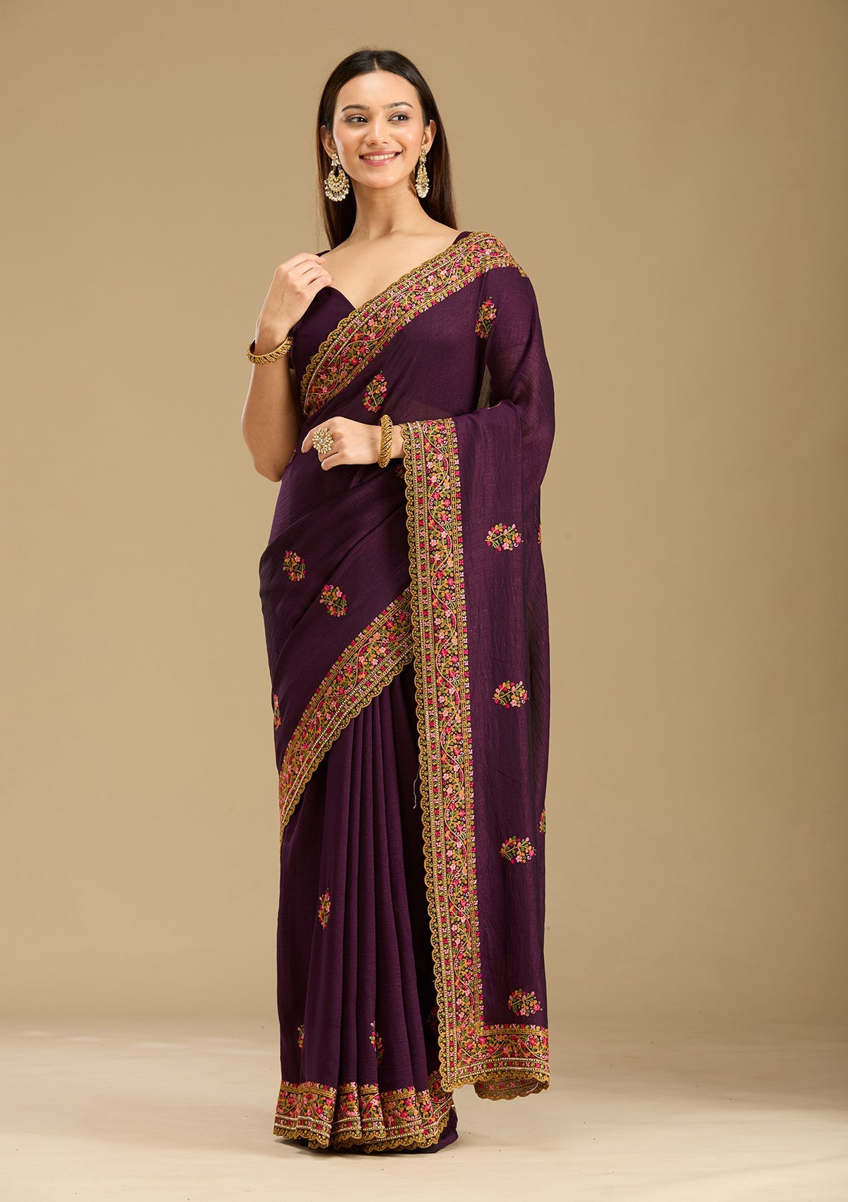 Purple Kashmiri Soft Raw Silk Saree-Koskii