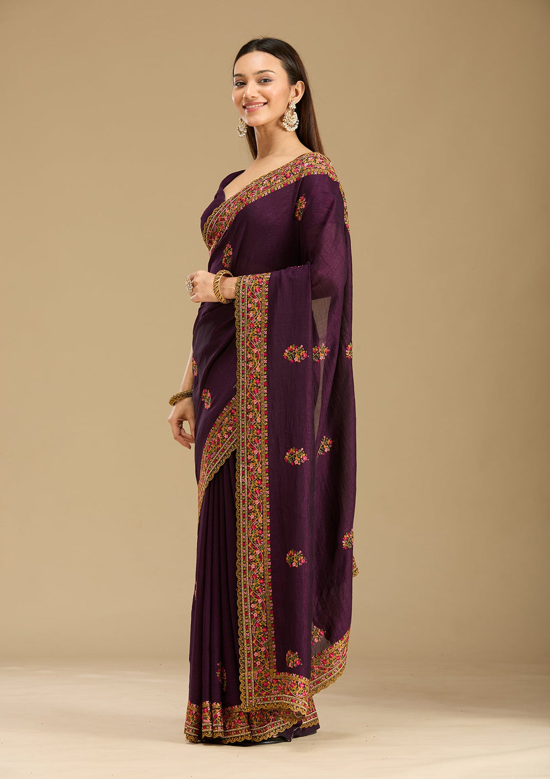 Purple Kashmiri Soft Raw Silk Saree-Koskii
