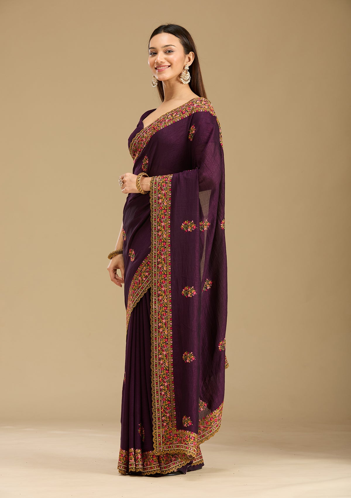 Purple Kashmiri Soft Raw Silk Saree-Koskii