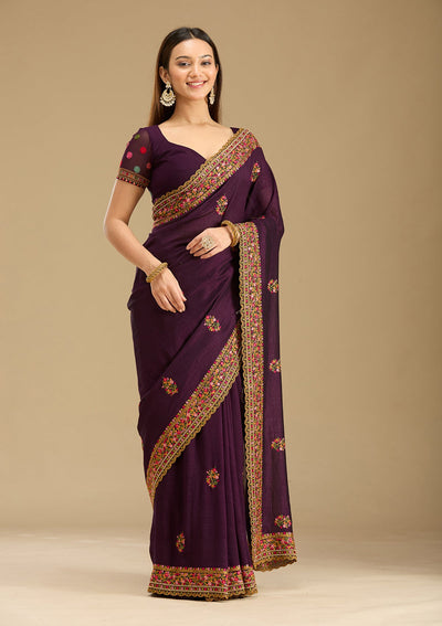 Purple Kashmiri Soft Raw Silk Saree-Koskii
