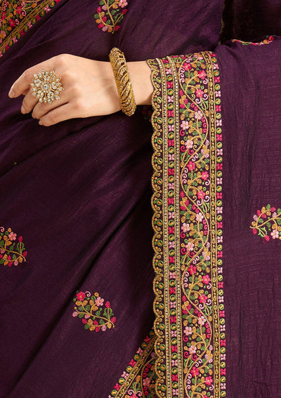 Purple Kashmiri Soft Raw Silk Saree-Koskii