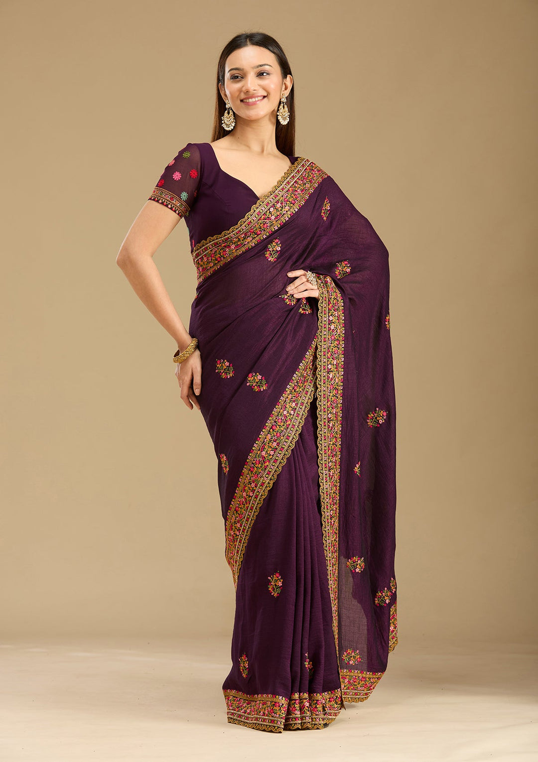 Purple Kashmiri Soft Raw Silk Saree-Koskii