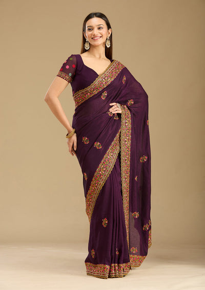 Purple Kashmiri Soft Raw Silk Saree-Koskii
