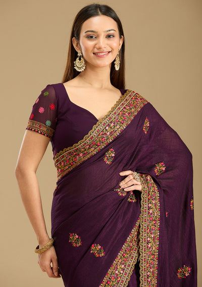 Purple Kashmiri Soft Raw Silk Saree-Koskii