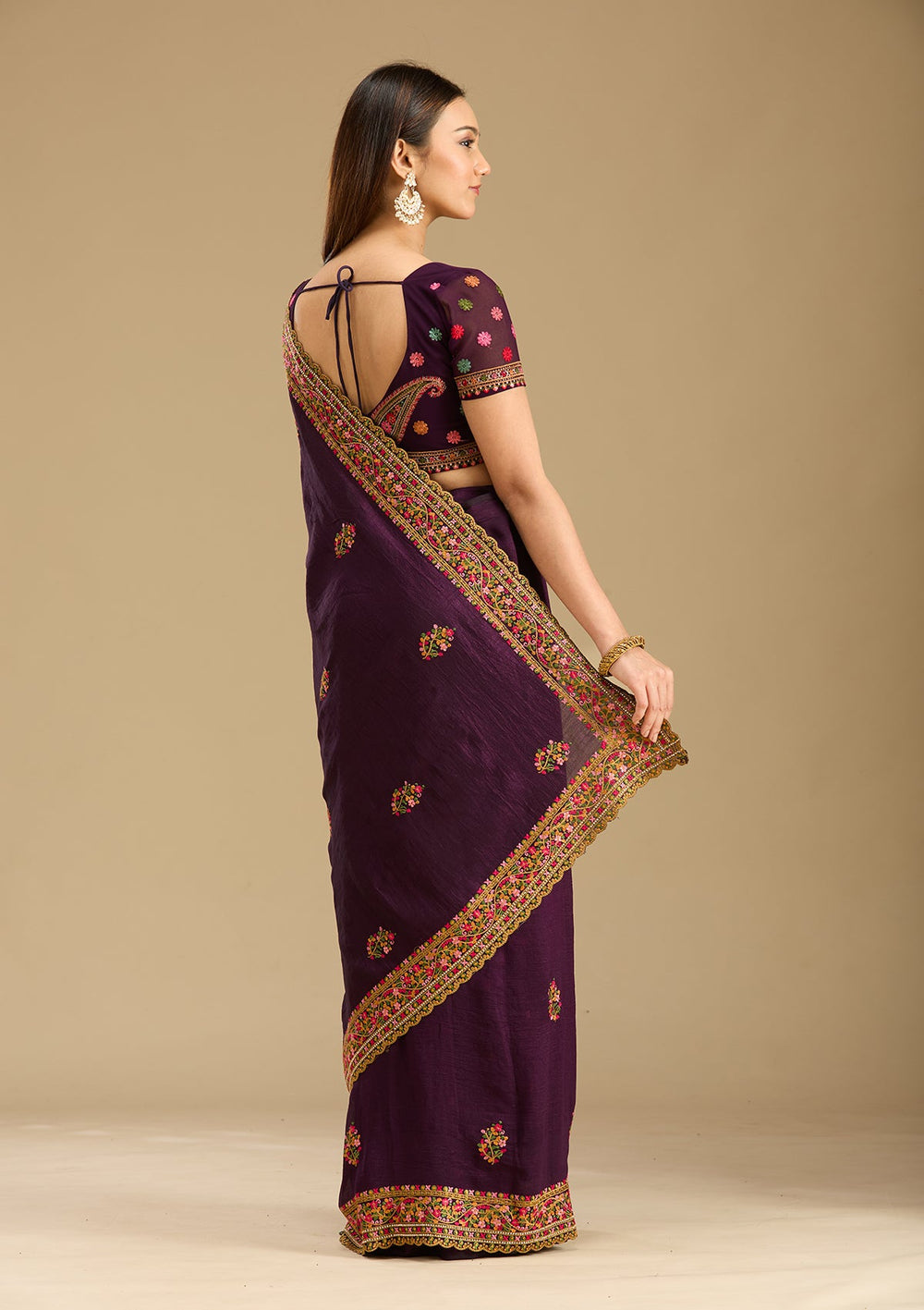 Purple Kashmiri Soft Raw Silk Saree-Koskii